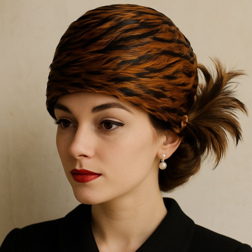 Vintage 1950s Feather Hat – Brown & Black Millinery Cloche with Tail Accent